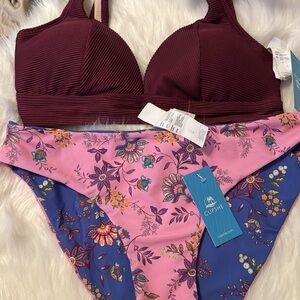 Cupshe NWT M BURGUNDY TOP & M PURPLE PINK FLORAL REVERSIBLE BIKINI BOTTOMS